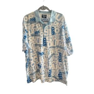 Southpole Mens XXL Polo Shirt All Over Print Graphic Blue White Cotton Vintage